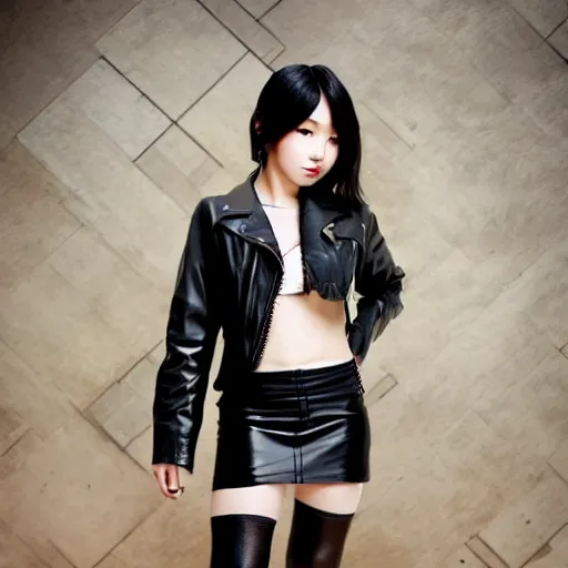 Image similar to a dynamic, epic cinematic 8K HD movie shot of a japanese beautiful cute young J-Pop idol actress yakuza rock star girl wearing leather jacket, miniskirt, nylon tights, high heels boots, gloves and jewelry. Motion, VFX, Inspirational arthouse, at Behance, with Instagram filters