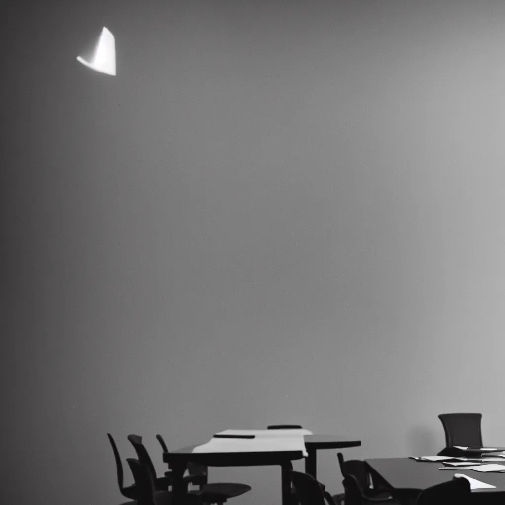 Prompt: In a meeting room, a person moves words and papers on walls and table, dramatic light, morning glow, blur, depth of field, Cindy Sherman, sigma 85mm, f 1/4, ultra detailed
