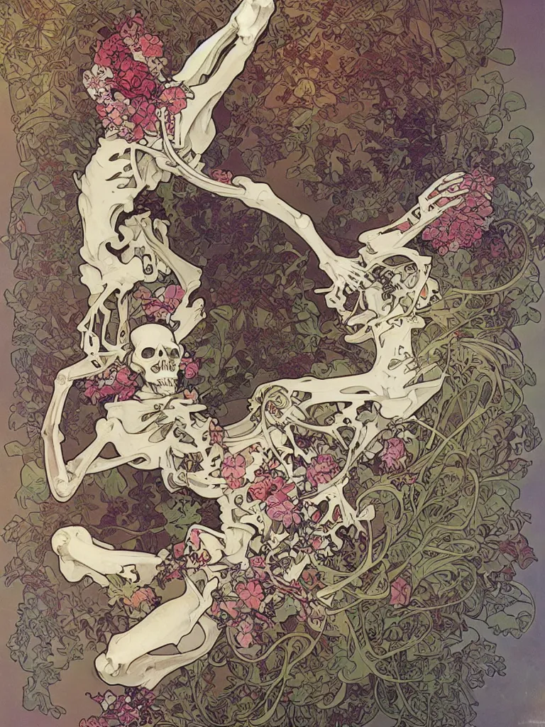 Prompt: a skeleton covered in flowers in a dynamic pose, alphonse mucha, james jean, peter mohrbacher, highly detailed, soft lighting,