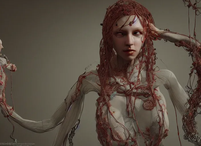 Image similar to cthulhy woman, clothes made out of flower, cables everywhere, bedroom, ultra realistic, concept art, intricate details, highly detailed, photorealistic, octane render, 8 k