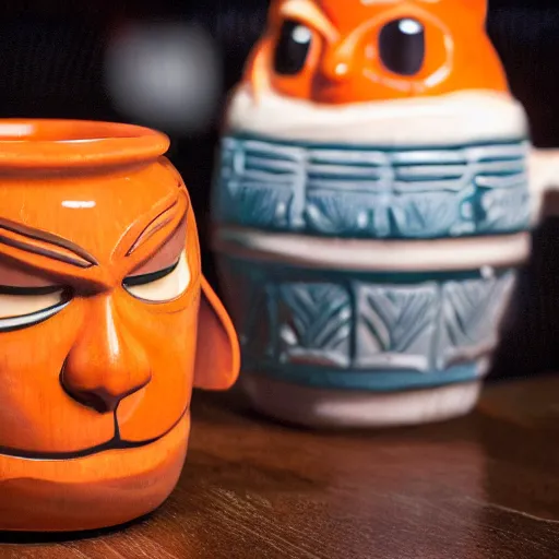 Image similar to a closeup photorealistic photograph of an orange cat garfield style tiki mug at a trader vic's bar with garfield's face on the front. tiki party. bright scene. fine detail. this 4 k hd image is trending on artstation, featured on behance, well - rendered, extra crisp, features intricate detail, epic composition and the style of unreal engine.