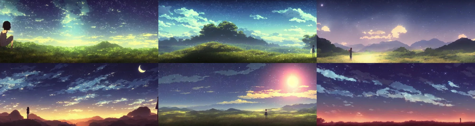 Prompt: a beautiful screenshot from the makoto shinkai anime film, of a night sky over the landscape, dreamlike and atmospheric