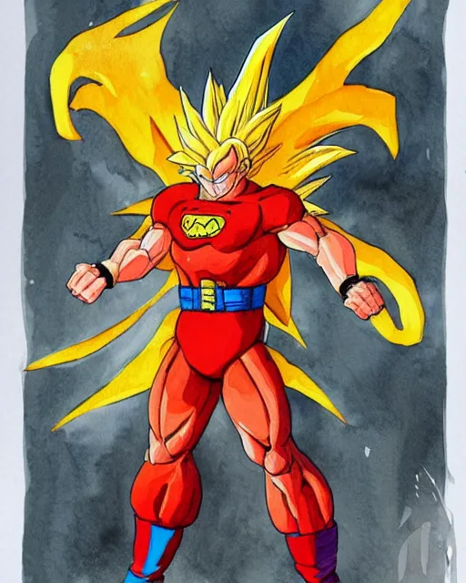 Image similar to a watercolor painting full body character portrait of a super saiyan superhero in the style of jean giraud in the style of moebius trending on artstation deviantart pinterest detailed realistic hd 8 k high resolution