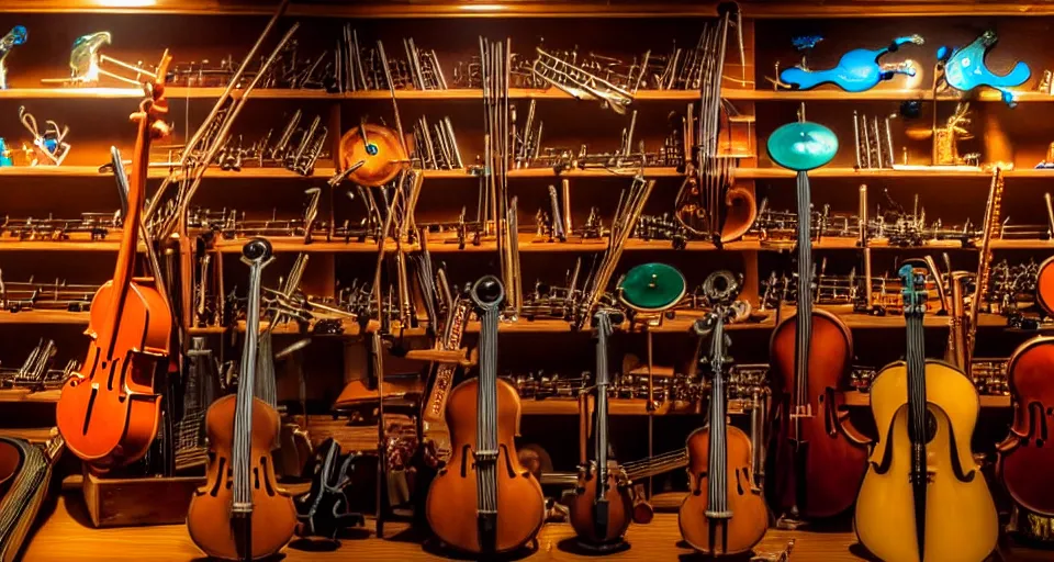 Image similar to a shelf of amazing magical musical instruments, cinematic lighting, detailed, beautiful colors, by greg rutowski and studio ghibli