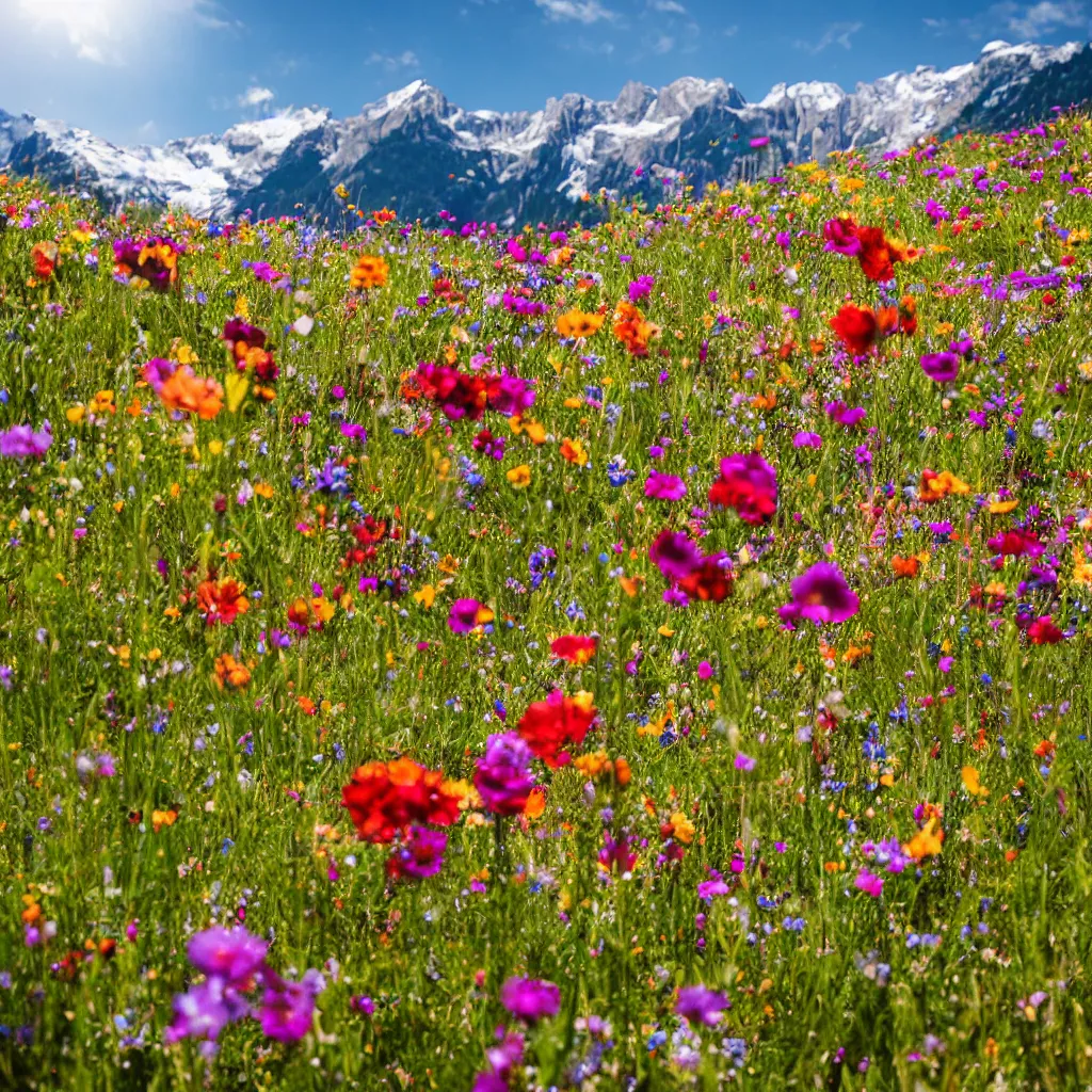 Image similar to a colourful flower meadow in the alps, sunny weather, Carl Zeiss 35mm vintage lens, bokeh