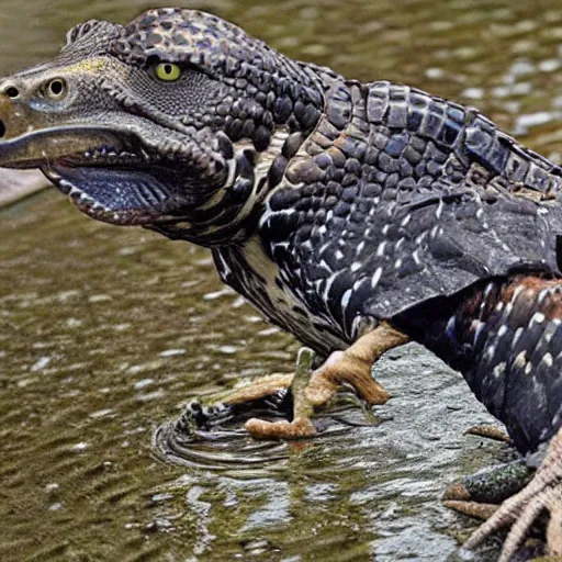 Image similar to hawk and crocodile morphed together, half crocodile, half hawk, real picture taken in zoo