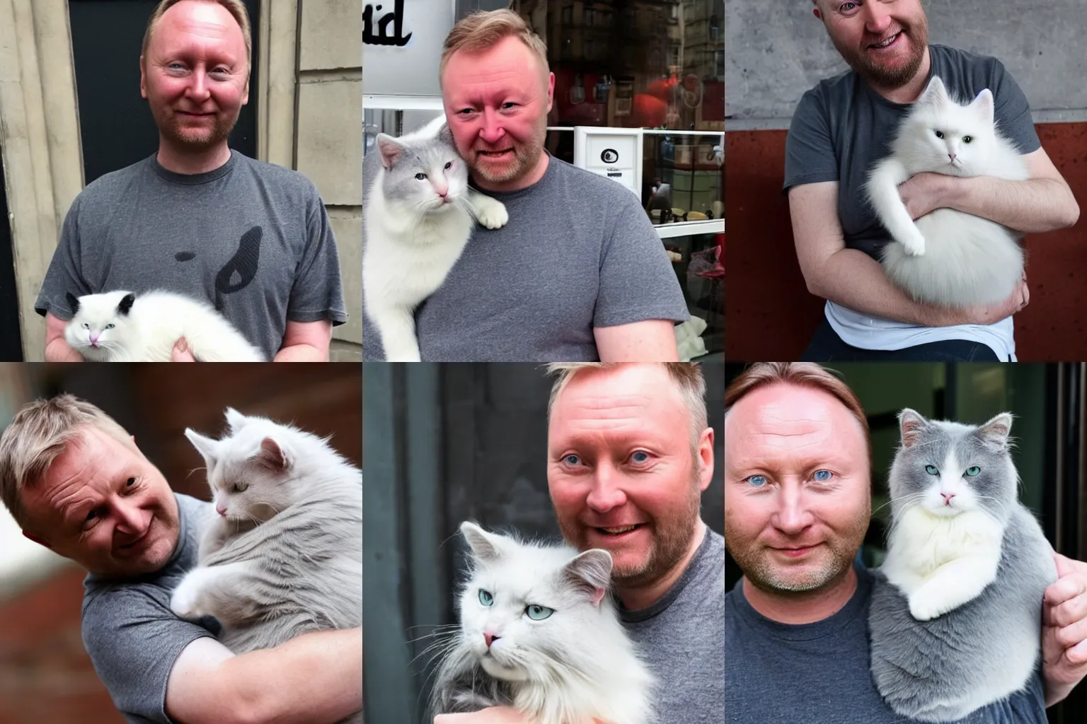 Prompt: a white man hair that looks exactly like limmy with dark grey hair wearing a grey tshirt cradling a white fluffy cat in his arms in Glasgow