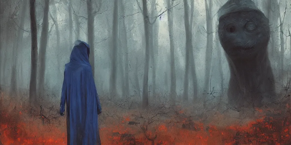 Image similar to a girl with a blue hood find a strange huge creature in the woods, ominous atmosphere, dark environment, one source of orange light. art by artem demura