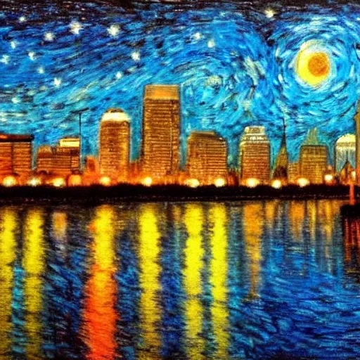 Image similar to louisville ky skyline at night reflecting of the river, in the style of van goghs painting starry night