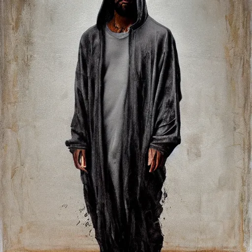 Image similar to a full body portrait of modern day jesus wearing yeezus streetwear hoodie and pants by nicola samori, oil painting, realistic, 8 k, kanye style