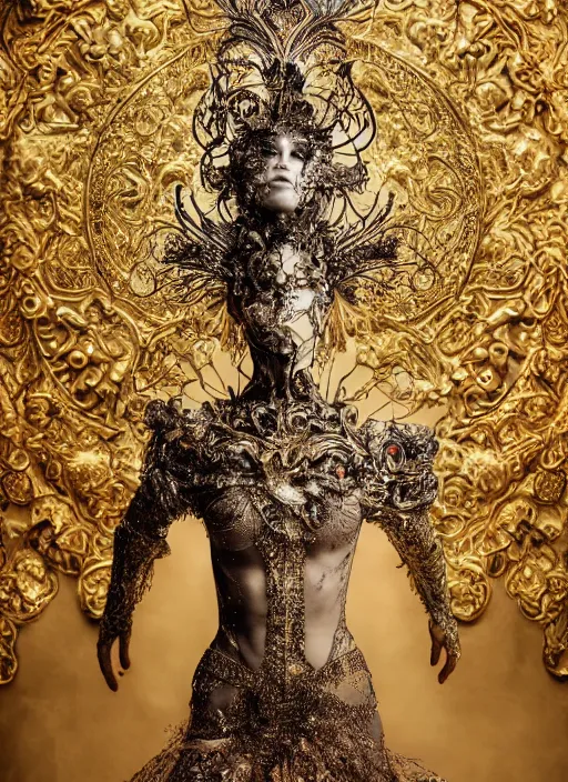 Prompt: a portrait of female by stefan geselle and nekro borja, photorealistic, intricate details, hyper realistic, fantasy, elegant, baroque gold headpiece, photorealistic, canon r 3, photography, wide shot, symmetrical features, wide angle shot, head to toe, standing pose, feet on the ground, wearable art