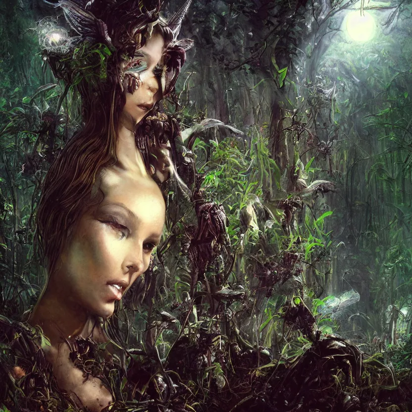 Prompt: a close - up dark sci - fi fantasy portrait of a angelic alien nymph girl overgrown with silver mushrooms in a jungle. reflective textures. glowing fog in the background. highly detailed science fiction painting by norman rockwell, frank frazetta, and syd mead. rich colors, high contrast, gloomy atmosphere, dark background. trending on artstation