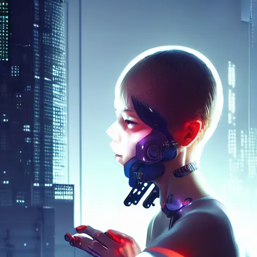 Image similar to realistic render of a cyborg - girl tearing off an arm by ross draws, futuristic dystopian city by ilya kuvshinov, digital anime art by ross tran, extreme intricate details, composition by sana takeda, cinematic lighting by greg rutkowski