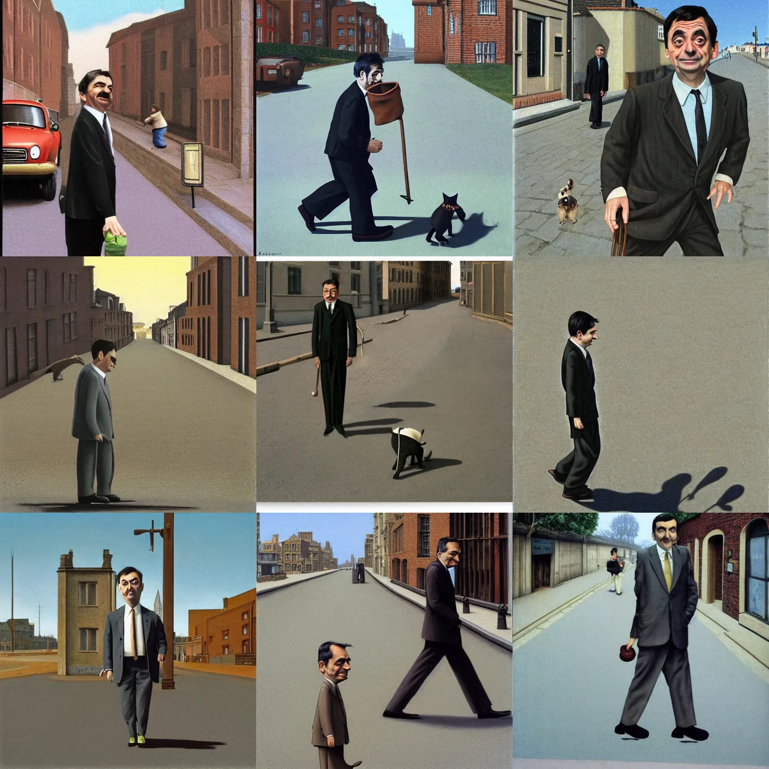 Prompt: mr. bean walks down a street on a sunny day by alex colville