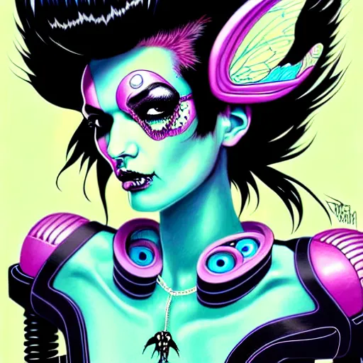 Image similar to portrait painting of a punk cybernetic fairy with beautiful black hair and eyes, sharp focus, award - winning, trending on artstation, masterpiece, highly detailed, intricate. art by josan gonzales and moebius and deathburger