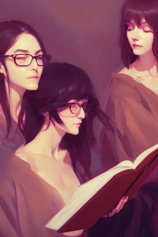 Prompt: portrait of two wise and very beautiful women reviewing some texts, art by guweiz, elegant, highly detailed, smooth, sharp focus, artstation