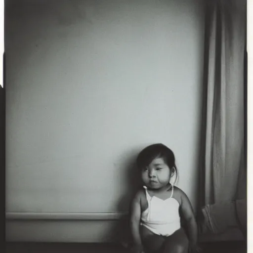 Image similar to a baby girl sitting in a living room designed by yohji yamamoto, polaroid