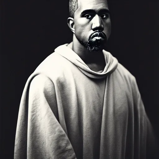 Image similar to a chiaroscuro lighting portrait of kanye west dressed as jesus, black background, portrait by julia margaret cameron, shallow depth of field, 8 0 mm, f 1. 8