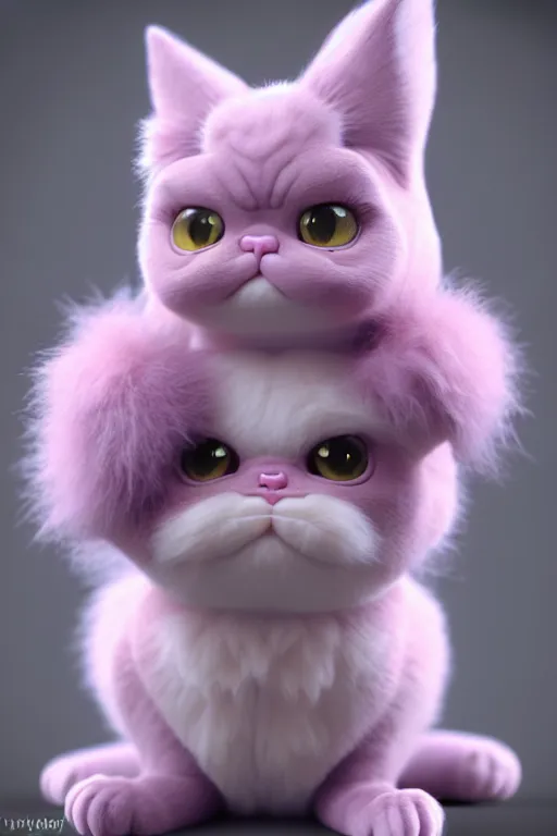 Image similar to high quality 3 d render hyperrealist very cute pastel fluffy! grumpy gargoyle cat hybrid, vray smooth, in the style of detective pikachu, hannah yata charlie immer, dramatic pink light, low angle, uhd 8 k, sharp focus