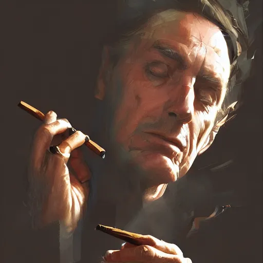 Image similar to a portrait of jack nicolson smoking a cigar, artstation greg rutkowski, cinematic, hyperrealist, digital art