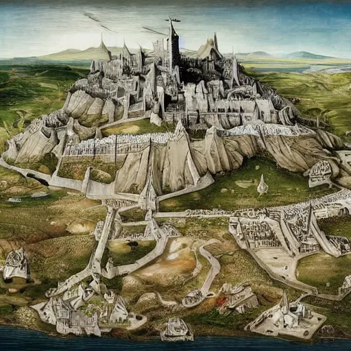 Prompt: Minas Tirith by Bruege and Hokusail, masterpiece