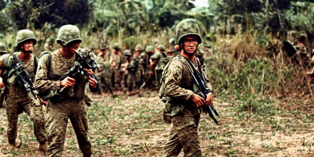 Prompt: u. s. marines move through a landing zone 1 9 6 9, vietnam war, soldiers closeup, face closeup, us flag, jungles in the background, coloured film photography, exposed colour film, ken burns photography lynn novick photography