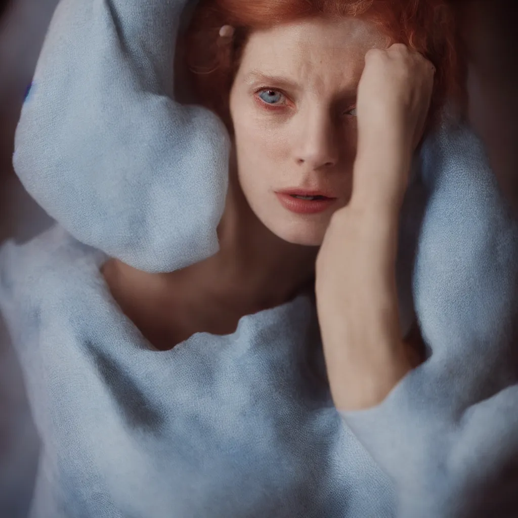 Prompt: close up portrait of a pale woman, photograph, blue and red studio light, sharp, detailed face, gaze, editorial model, annie leibovitz, steve mccurry, 1 0 5 mm, at the restaurant at the end of the universe, 8 k