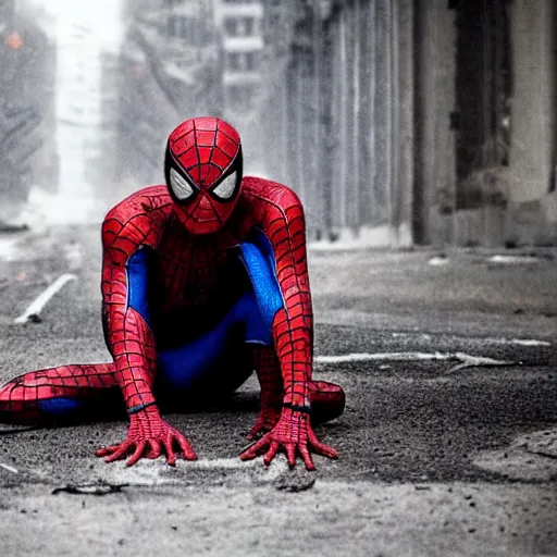 Prompt: dramatic scenes of wounded spiderman, post apocalyptic, sad ambience