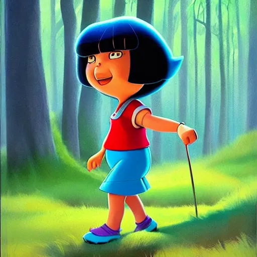 Prompt: goro fujita ilustration mafalda dora the explorer with blue clothes, walking through the forest, painting by goro fujita, sharp focus, highly detailed, artstation