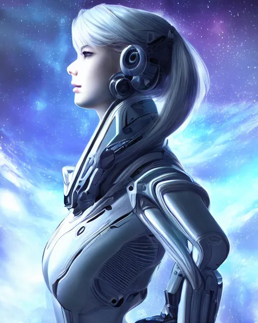 Prompt: photo of a android girl on a mothership, warframe armor, beautiful face, scifi, nebula, futuristic background, galaxy raytracing, masterpiece, ethereal, beauty, ponytail haircut, blue cyborg eyes, cosmic wind, flow state, 8 k high definition, insanely detailed, intricate, innocent, art by akihiko yoshida, antilous chao, woo kim