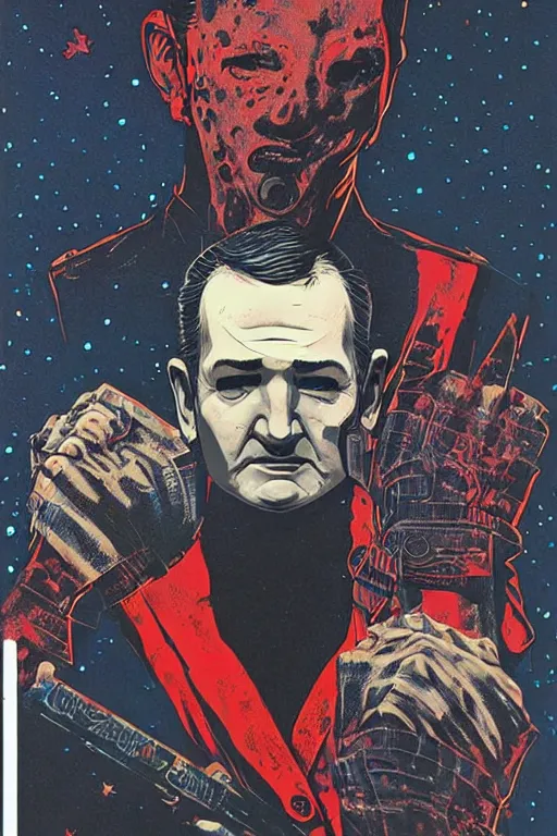 Image similar to Ted Cruz is the zodiac killer unmasked, horror, slasher, retro cover, high details, intricate details, by vincent di fate, artgerm julie bell beeple, 90s, inking, vintage 90s print, screen print