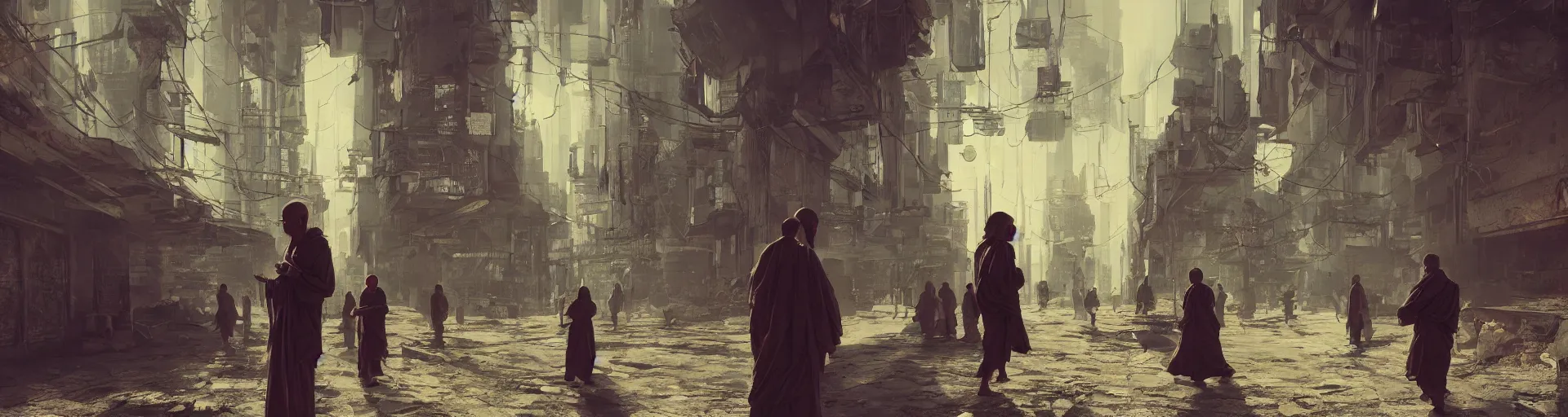Image similar to monk meditation in a cyberpunk world with people walking around wearing vr headset by eugene von guerard, ivan shishkin, concept art, trending on artstation