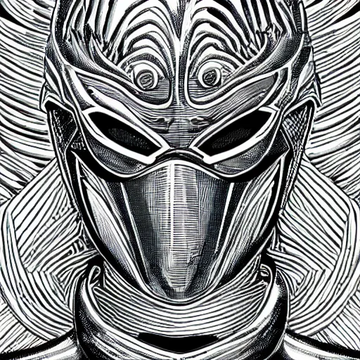 Image similar to close up portrait of the masked cyber archangel, intricate, highly detailed, masterful, in the style of moebius, akira toriyama, jean giraud