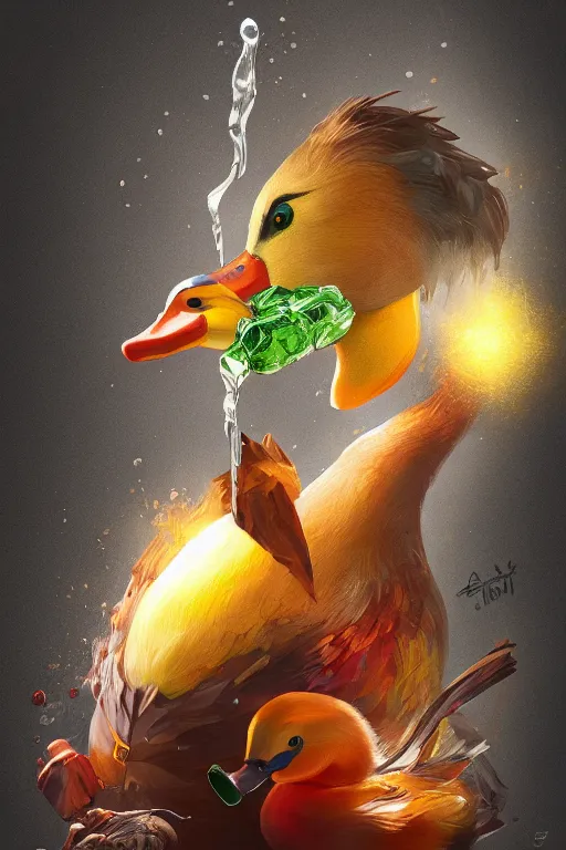 Image similar to duck drinks energy napiokmonstr energy, concept art, wlop, digital painting, trending on artstation, highly detailed, epic composition, official media, 8 k uhd