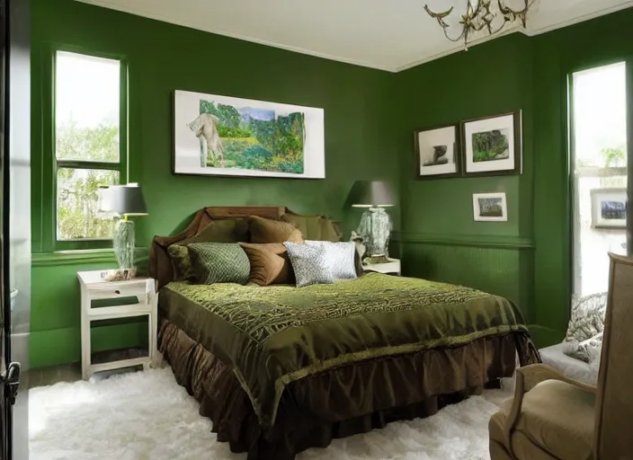 Image similar to bedroom with horse statues green and brown trim
