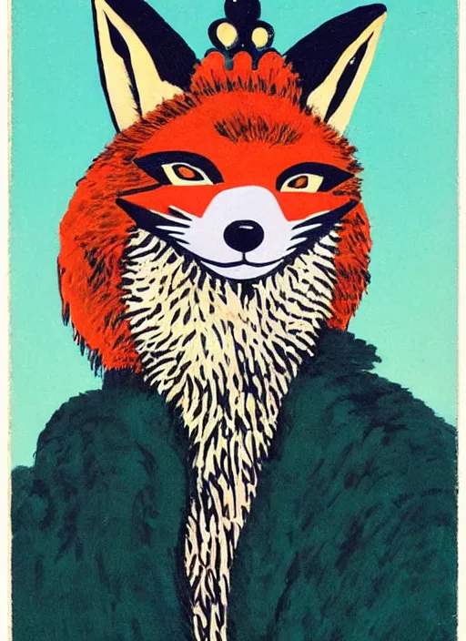 Prompt: an extreme close - up low angle portrait of the young extravagantly dressed queen in a fox mask in a scenic representation of mother nature and the meaning of life by billy childish, thick visible brush strokes, shadowy landscape painting in the background by beal gifford, vintage postcard illustration, minimalist cover art by mitchell hooks