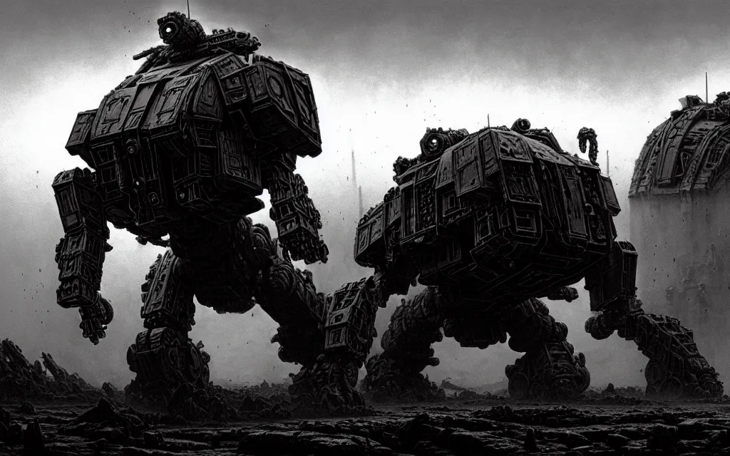 Image similar to a cinematic scene of a hulking armoured mech monster fighting in a hellish war by moebius and hr giger and beksinski, trending on artstation, digital art, 4 k resolution, detailed, high quality, sharp focus, hq artwork, insane detail, cinematic, volumetric lighting, dramatic lighting, epic light, cinematic aesthetic