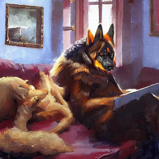 Image similar to a humanoid german shepherd beast - man, sitting and watching a soccer match in his house on television, he has hurt his knee and is a dad, by erin hanson, alexi zaitsev, karl spitzweg, award winning, tv set