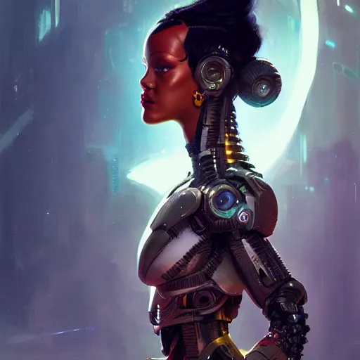 Image similar to cyborg Rihanna profile picture by Greg Rutkowski, dynamic pose, intricate, futuristic, fantasy, elegant, by Stanley Artgerm Lau, greg rutkowski, thomas kindkade, alphonse mucha, loish, norman Rockwell,