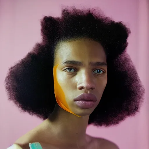 Image similar to realistic photoshooting for a new balenciaga lookbook, color film photography, portrait of a beautiful woman, closeup portrait, by photo in style of tyler mitchell, wes anderson, julia hetta, tim walker, petra collins, 3 5 mm,