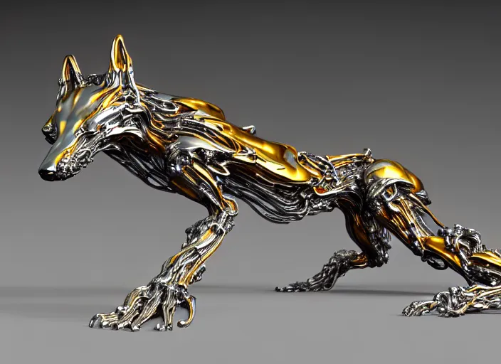 Prompt: white pearlescent, chrome, iridescent titanium, crystal, liquid gold, copper, bronze hybrid biomechanical wolf, by h. r. giger, cinematic forest lighting, crystalline masterpiece incrustations, hyperdetailed metalwork, in volumetric soft glowing mist, elegant pose, movie still, octane render, unreal engine, crepuscular rays,