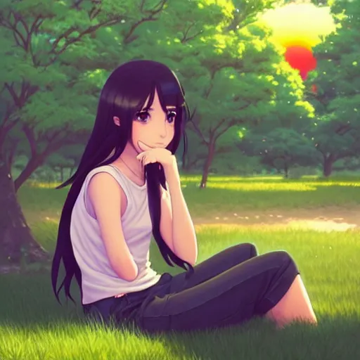 Image similar to a beautiful girl with long dark hair, sitting in the park next to a young boy who has dark hair, sunset, evening, sharp focus, intricate, digital painting, artstation, official media, anime key visual, highly detailed, rich vivid colors, ambient lighting, illustration, art by Artgerm, Makoto Shinkai, Ilya Kuvshinov, Lois Van Baarle, and Rossdraws