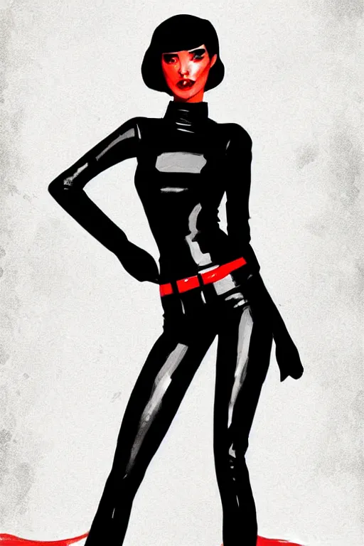 Image similar to dreamy girl character with perfect body in a nice black leather suit and red lips, very artistic pose, background in blurred, perfect lighting. professional design. great composition, illustration, highly detailed, digital painting, concept art, trending on artstation, by jeff lemire