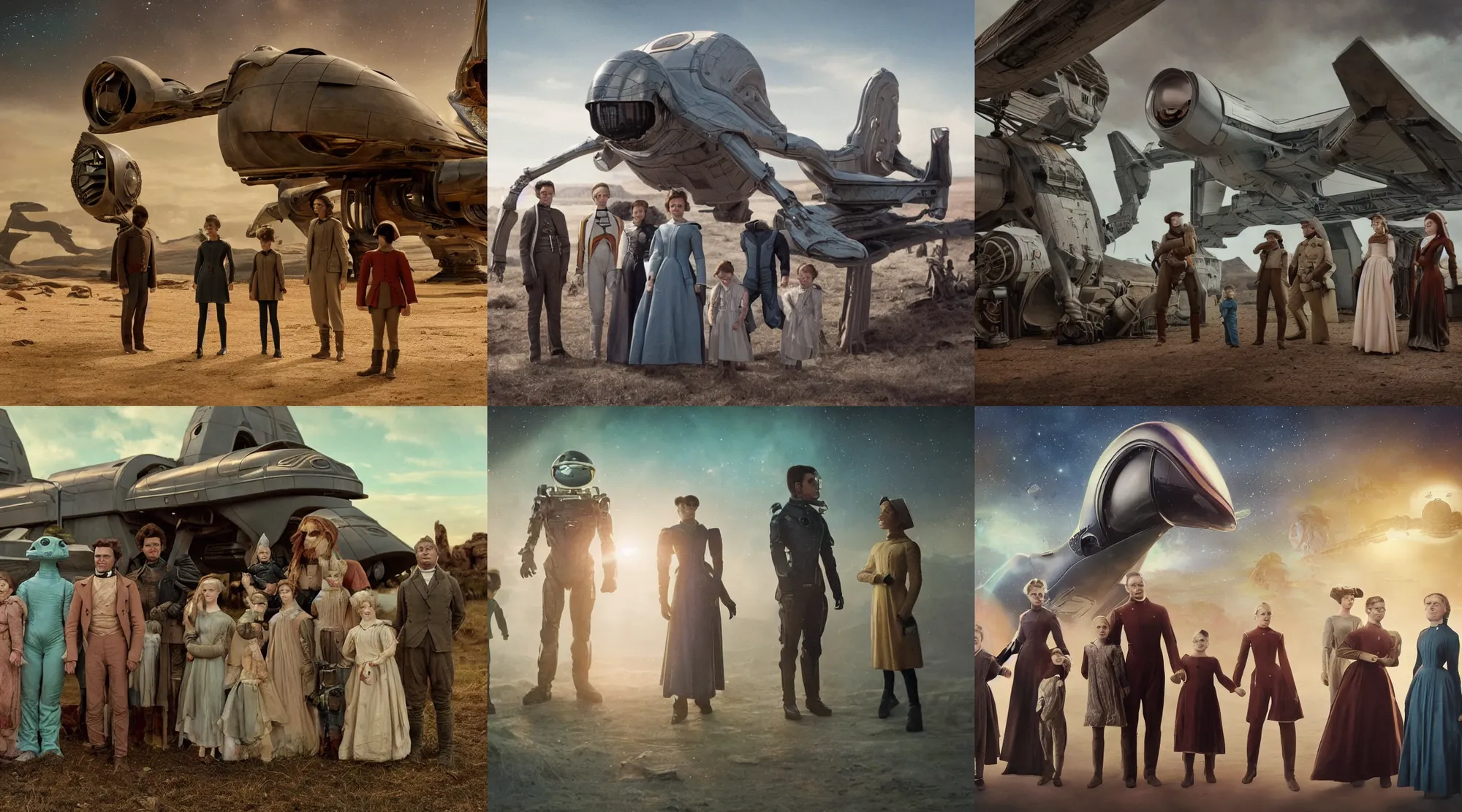 Prompt: 8k film still from a sci fi blockbuster color movie made in 2022, set in 1860, of a family standing in front of a spaceship that has just landed on an alien planet, a humanoid alien creature stands nearby, the family are all wearing 1850s era clothes, cinematic lighting, cinematic camera, in focus, extremely good quality lighting, good quality photography, A list cast, famous actors, famous actresses, oscar winner