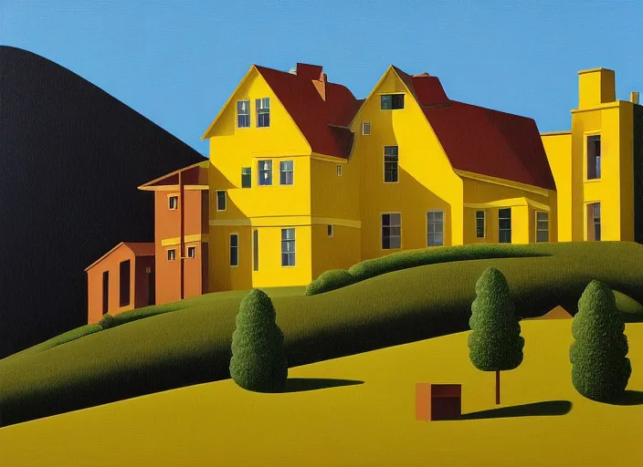 Prompt: a yellow manor on a hill, evening, summer, painting by kenton nelson