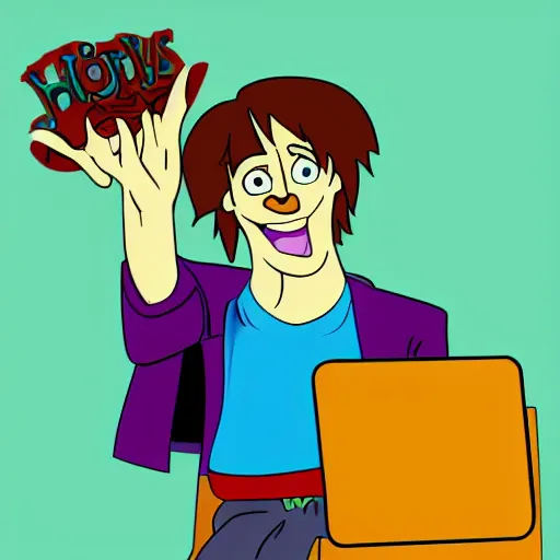 Prompt: shaggy from scooby doo holding laptop cartoon, disney, children's illustration, character