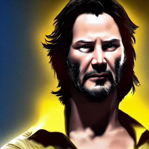 Prompt: keanu reeves as wolverine with yellow mask digital art 4 k detailed super realistic