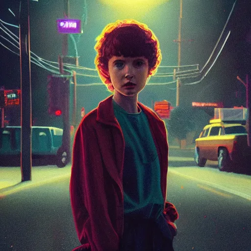 Image similar to Sophia Lillis in Stranger Things, cyberpunk, surrounded by smoke, award-winning art, hyperrealistic, by Sam Spratt, by Vlad Rodrig﻿u﻿e﻿z, trending on Artstation, dark, dramatic, cinematic, realistic studio lighting, raytracing, 4k, professional, canon