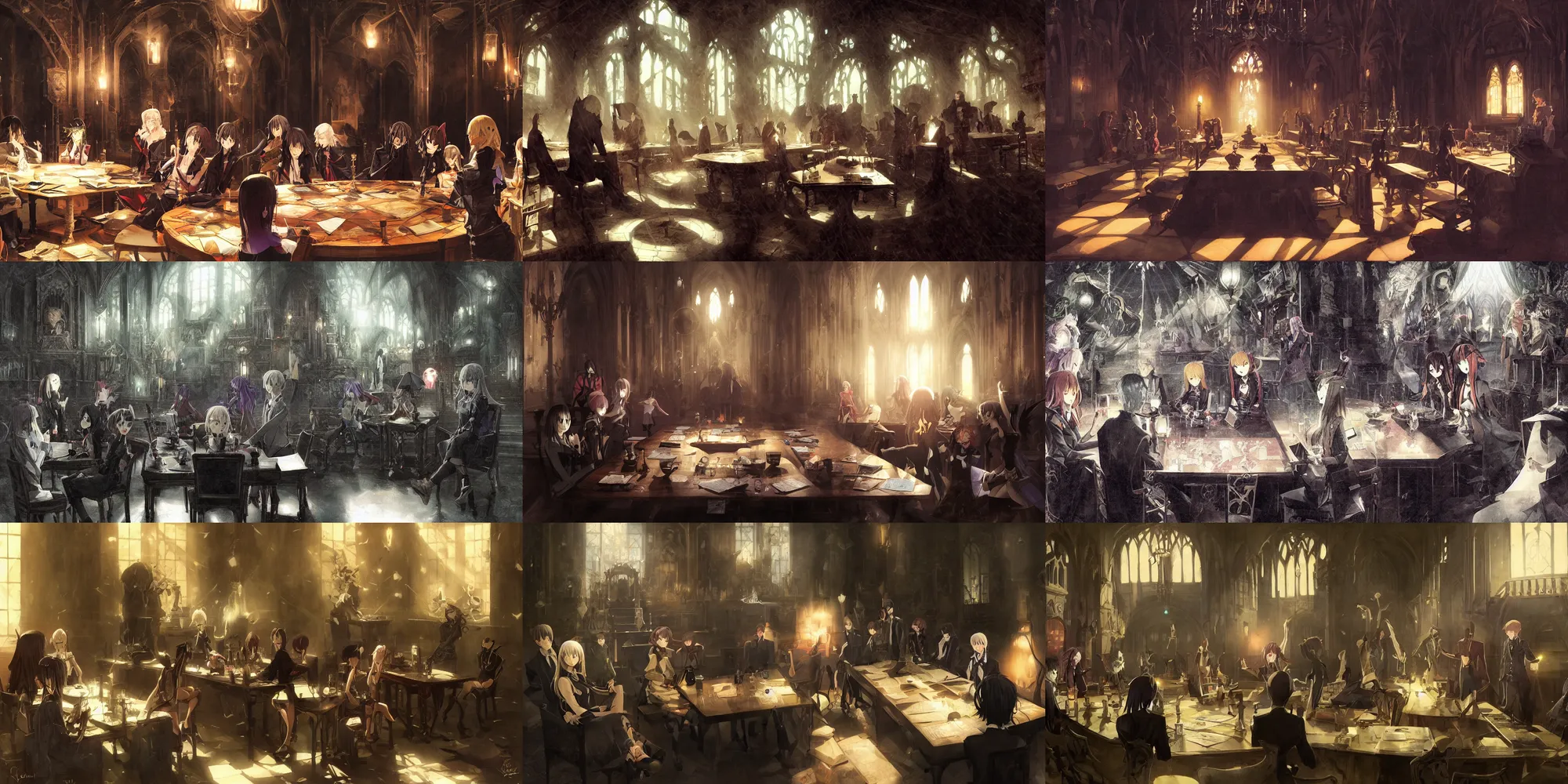 Prompt: anime serious discussion club in the shadow gothic hall with the dark triangle table with logic hierarchy places, madness, conspiracy, sophistication, ai catgirls and and ducks by greg rutkowski