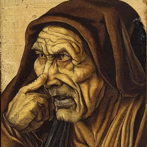 Image similar to A 17th Century beggar, with the letter B carved on his forehead, filthy, haggard, no teeth, dirty hair, Breughel